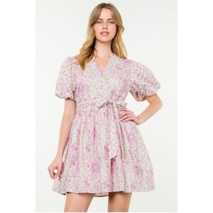 THML V-Neck Puff Sleeve Floral Belted Dress Size small brand new with tags